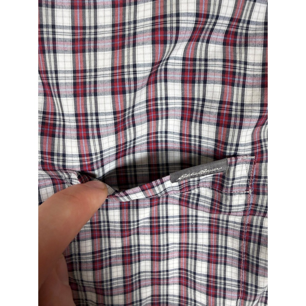 Eddie Bauer Mens XL Tall Classic Fit Plaid Button Down Shirt Red White Navy - Picture 6 of 11